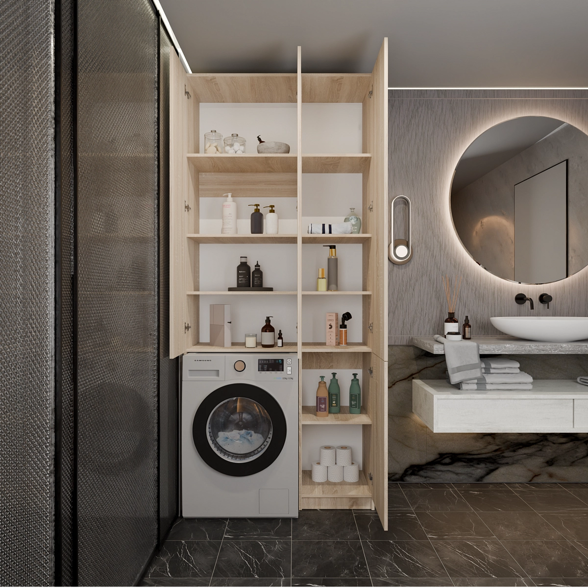 Шкаф-пенал с нишей и полками Тевос Дуб Сонома